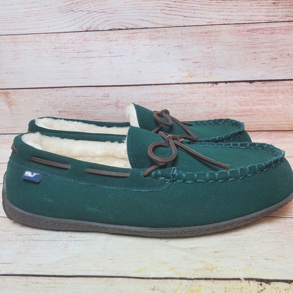 New Vineyard Vines Mens 12M Green Suede Leather Shearling Lined Moc Slippers main image 5